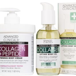 Advanced Clinicals Collagen Peptides Firming Body Lotion Face Cream + Collagen Body Oil Moisturizer 2PC Skin Care Set For Women & Men | Skin Tightening Dry Skin Moisturizing Cream & Massage Oil, 2PC